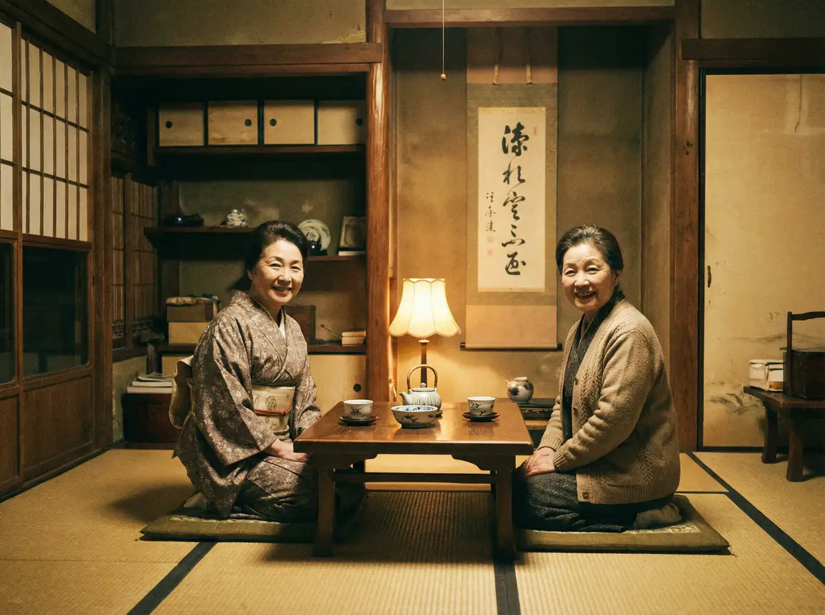 两位优雅的 一起草www.17.c.com 在日式茶室中品茶交谈